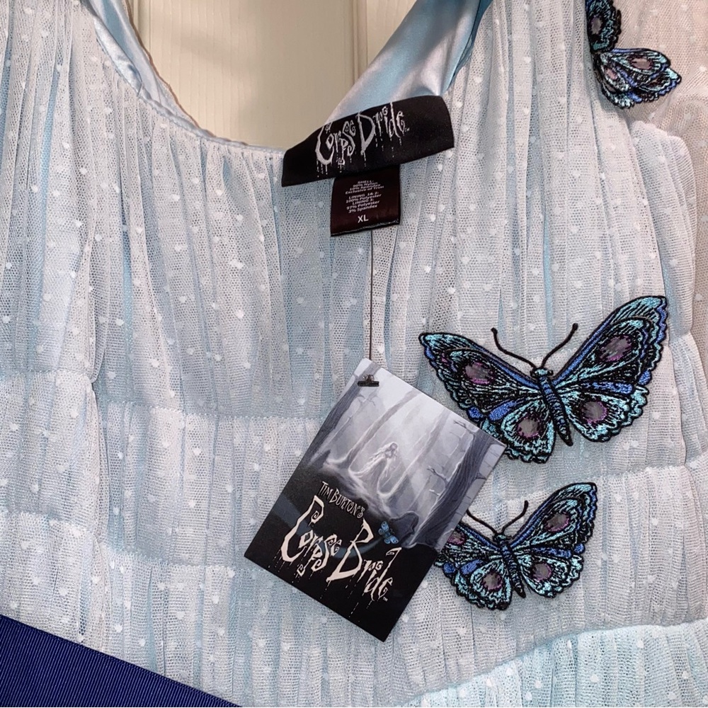 Light Blue Butterly Accent Maxi Dress with Navy Sash - Picture 4 of 5
